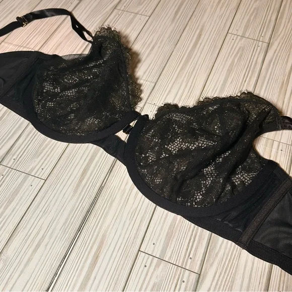 Cacique Unlined Balconette Bra 46C Black & Gold Lace Underwire - Picture 7 of 9